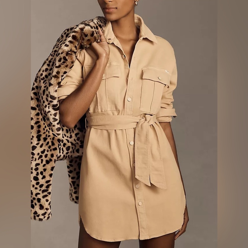 MOTHER Denim M The Cadet Denim Shirt Dress in Sand Tan
